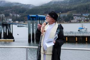 Jasz Garrett / Juneau Empire file photo
Reverend Gordon Blue from the Church of the Holy Trinity gives an invocation at the Alaska Commercial Fishermens Memorial on Saturday, May 3, 2025.