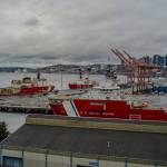 The U.S. Coast Guard icebreakers Polar Star (at background), Healy (at left) and Storis (at foreground) are seen together at Coast Guard Base Seattle on Oct. 26, 2025, marking the first time since 2006 that the Coast Guard had three active polar icebreakers in the same place at the same time. (U.S. Coast Guard photo by Lieutenant Christopher Butters)