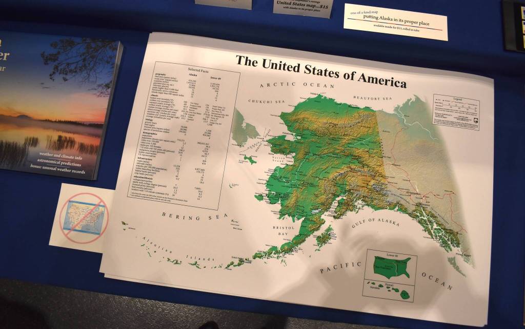Meteorologist Jim Greens Alaska-centric map of the U.S. lays on display at the Juneau Arts and Culture Center on Friday, Nov. 28. (Mari Kanagy /Juneau Empire)