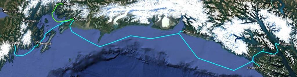 This map, provided by Cordova Telecom Cooperative, shows the route of the proposed FISH in SEAK cable that will come online in fall 2027. Cordovas existing fiber route is shown in green. (Image courtesy Cordova Telecom Cooperative)