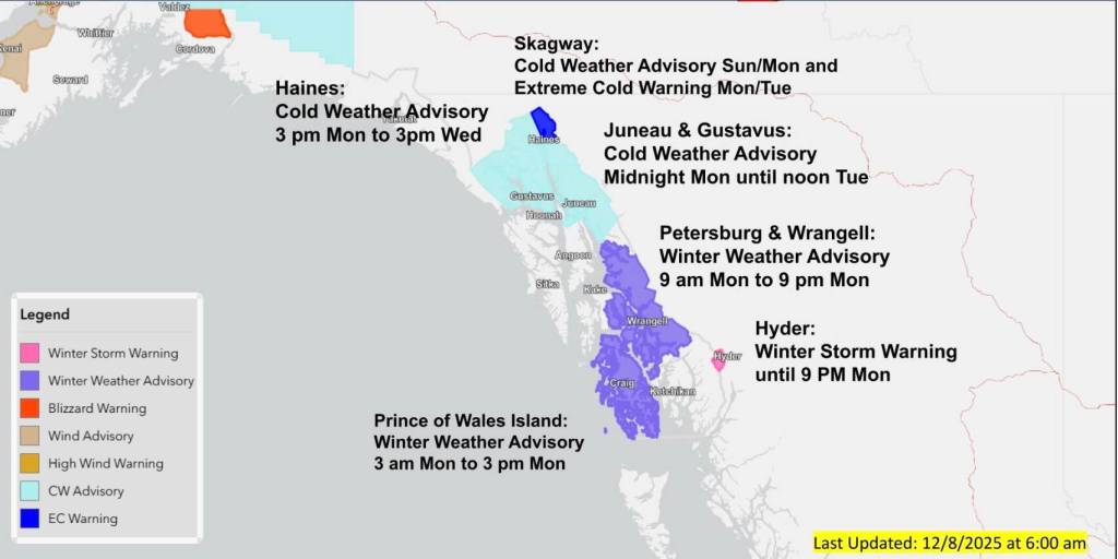 The National Weather Service issues a cold weather advisory for Juneau and Gustavus from midnight Monday through noon on Tuesday, with winter weather conditions expected across Southeast Alaska. (National Weather Service screenshot)