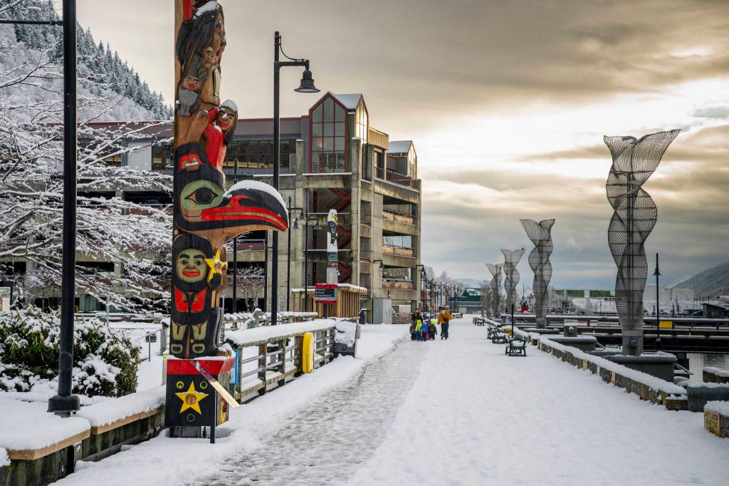 A totem pole, one of 13 on downtown’s Totem Pole Trail in Juneau, Alaska, Nov. 27, 2024. (Christopher S. Miller/The New York Times)