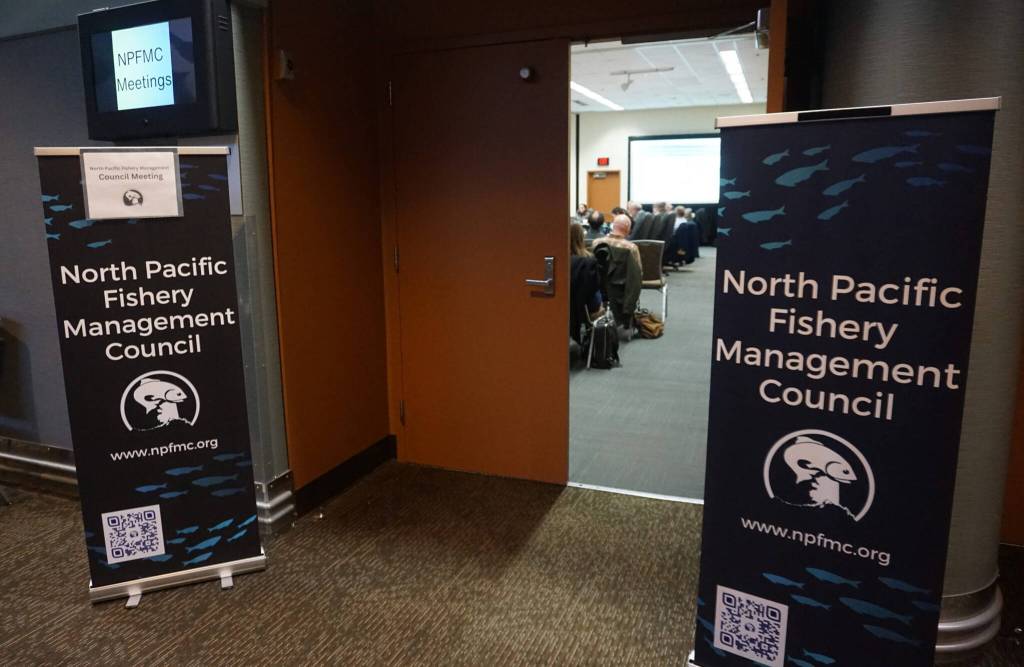 The North Pacific Fishery Management Council’s December meeting, held at the William A. Egan Civic and Convention Center in Anchorage, is seen underway on Dec. 6, 2025. (Photo by Yereth Rosen/Alaska Beacon)