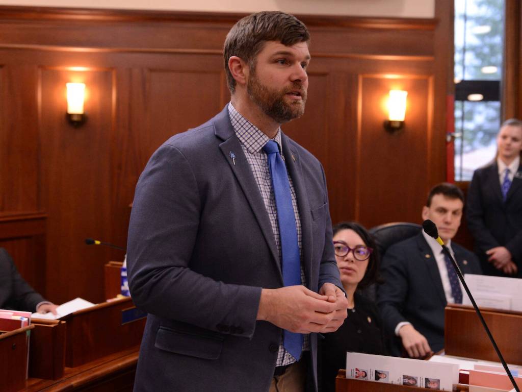 Sen. Jesse Bjorkman, R-Nikiski, speaks Wednesday, April 23, 2025, on the floor of the Alaska Senate. (Photo by James Brooks/Alaska Beacon)