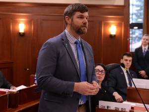 Sen. Jesse Bjorkman, R-Nikiski, speaks Wednesday, April 23, 2025, on the floor of the Alaska Senate. (Photo by James Brooks/Alaska Beacon)