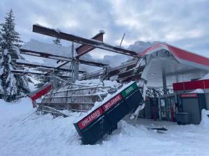 The Fred Meyer gas station roof collapsed early morning on Thursday, Jan. 1.  (Mari Kanagy/Juneau Empire)