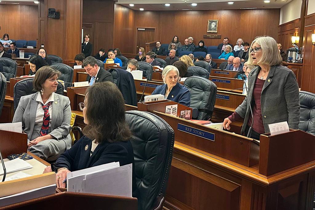 Rep. Andi Story (D-Juneau), co-chair of the House Education Committee, speaks in favor of overriding Gov. Mike Dunleavys veto of an education funding bill during a joint session of the Alaska Legislature on Tuesday. (Mark Sabbatini / Juneau Empire file photo)