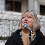Rep. Sara Hannan, D-Juneau addresses a crowd during a rally outside the Alaska State Capitol in 2023. Hannan sponsored a bill during the 33rd Legislature that sought to ban licensed practitioners from performing conversion therapy in the state. (Clarise Larson / Juneau Empire file photo)