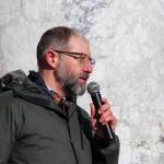 Sen. Jesse Kiehl (D-Juneau) speaks at a rally where state employees ask for higher pay on Friday, Feb. 14, 2025. (Jasz Garrett / Juneau Empire file photo)