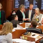 State House members with wide-ranging views on a so-called fentanyl bill, including both of Juneaus representatives, discuss proposed amendments during Wednesdays floor session. Standing from left to right are Sarah Vance, R-Homer, Sara Hannan, D-Juneau, David Eastman, R-Wasilla, Andi Story, D-Juneau, and Alyse Galvin, D-Anchorage. The bill passed by a 35-5 vote Thursday, with Story voting in favor and Hannan against. (Mark Sabbatini / Juneau Empire file photo)