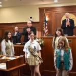 The Girl Scouts of Alaska presents the colors and the Pledge of Allegiance at the Senate Floor Session, opening the second regular session of the state Legislature. (Mari Kanagy/Juneau Empire)