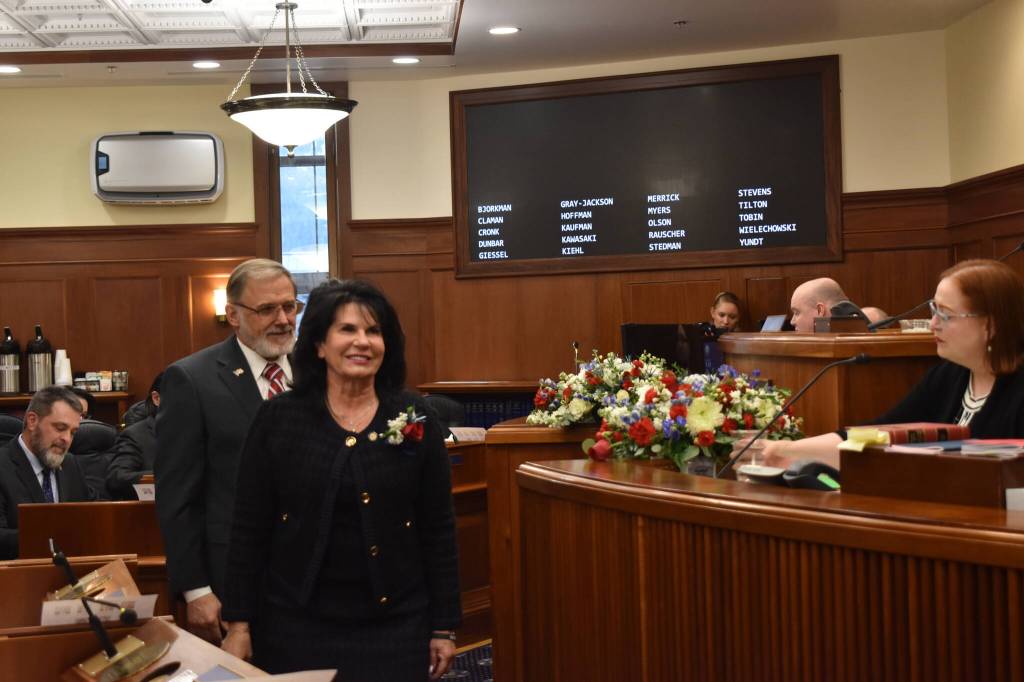 Sen. George Rauscher (R-Sutton) and Sen. Cathy Tilton (R-Wasilla) join the Senate after Gov. Mike Dunleavy appointed them from the House after the resignation of two Senators. (Mari Kanagy/Juneau Empire)