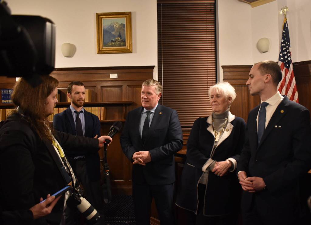 Representative Zack Fields, House Majority Leader Chuck Kopp, Representative Louise Stutes and Speaker of the House Bryce Edgmon answer question from the press following Governor Mike Dunleavys State of the State address on Thurday, Jan. 22. (Mari Kanagy/Juneau Empire)