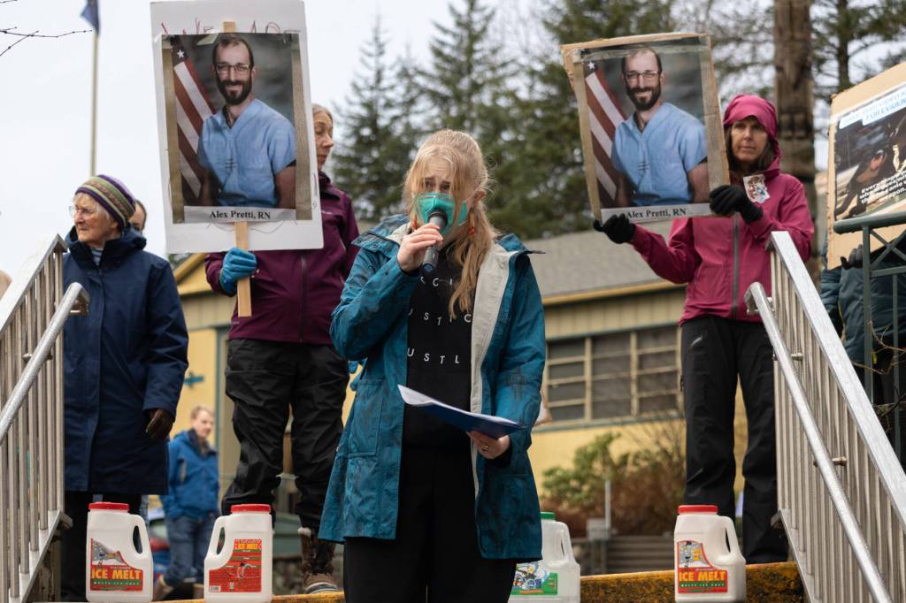 Denali Marin speaks during an anti-ICE protest on Jan. 29, 2026. Over 200 people gathered at the Dimond Courthouse plaza to protest advancing funding for ICE, whose agents have detained a 5-year-old boy and killed two people in Minneapolis in recent weeks. (Chloe Anderson/Juneau Empire)