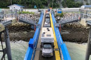 Cars drive aboard the Alaska Marine Highway System ferry Hubbard on June 25, 2023, in Haines. (Photo by James Brooks)