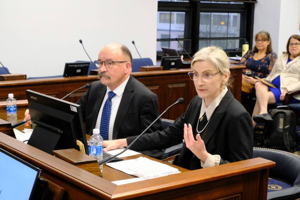Mt. Edgecumbe Superintendent David Langford (left) and Deena Bishop, commissioner of the Alaska Department of Education and Early Development are seen on Feb. 11, 2026. They testified before several committees of lawmakers on the conditions at the boarding school, after over 100 students disenrolled to date this school year. (Photo by Corinne Smith/Alaska Beacon)