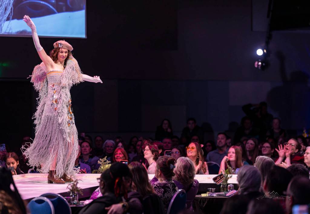 Model Valorie Kissel walks down the runway wearing Time to Unwind by artist Lois Verbaan during the 24th annual Wearable Art Extravaganza hosted by the Juneau Arts & Humanities Council over the weekend of Feb. 14-15. Photo by Ron Gile.