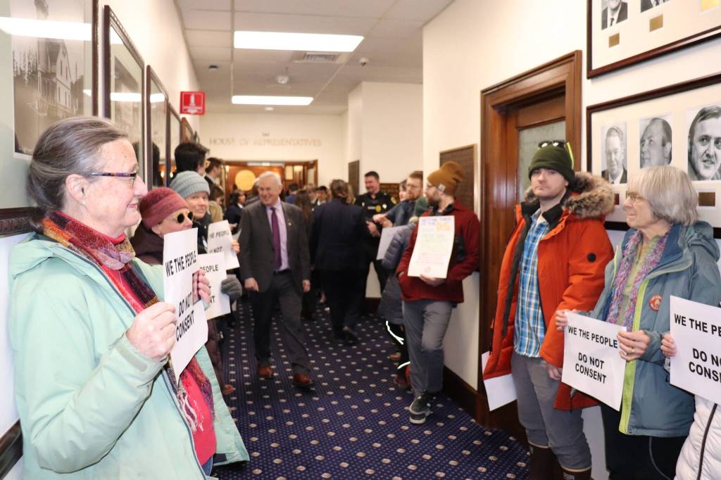 Protesters wait for Sullivan to arrive at the chamber, holding signs that read We The People // Do Not Consent.