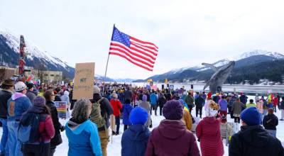 Demonstrators rally at the third No Kings protest in Juneau on March 28, 2026. (Photo by Corinne Smith/Alaska Beacon)