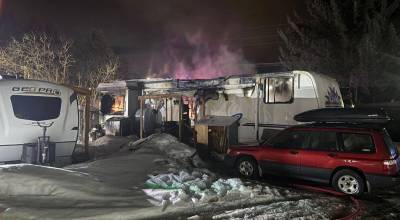 A trailer caught fire at Auke Bay RV Park overnight on April 3, 2026, but Capital City Fire Rescue managed to knock down the fire quickly. (Capital City Fire Rescue/Facebook)