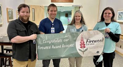 Four employees at Juneaus Bartlett Regional Hospital have been recognized for their work in the latest round of Fireweed Awards. From left: Vincent Taylor, Reid Dihle, Katharine Kathy Coghill and Wendy Germain. (Bartlett Regional Hospital/Submitted)
