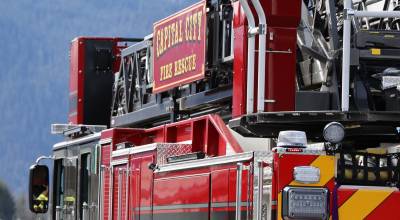 This is a photo of a Capital City Fire/Rescue truck in the Mendenhall Valley. (Clarise Larson / Juneau Empire File)