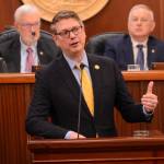 U.S. Rep. Nick Begich III, R-Alaska, speaks to a joint session of the Alaska Legislature on Tuesday, March 10, 2026. (James Brooks photo/Alaska Beacon)