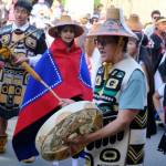 Ricardo Worl with the Chilkat Thunderbird & Sockeye Clans dance group drums during the procession to the Grand Entrance, part of the opening of Celebration in Juneau on June 3, 2026. (Corinne Smith/Alaska Beacon)