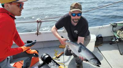 Photo courtesy of Michael Courtney
Marcel Gietzmann-Sanders (left) and Michael Courtney prepare to release a tagged chinook salmon near Sand Point, Alaska, in August 2024. The tag releases on a predetermined date, floating to the surface to transmit data to researchers via satellite.