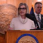 Deena Bishop, commissioner of the Alaska Department of Education and Early Development, speaks at a news conference Friday, March 15, 2024, with Gov. Mike Dunleavy. (Photo by James Brooks/Alaska Beacon)