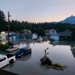 A Mendenhall Valley neighborhood is swamped by a record glacial outburst flood on Aug. 6, 2024. (Alaska Department of Transportation and Public Facilities photo)