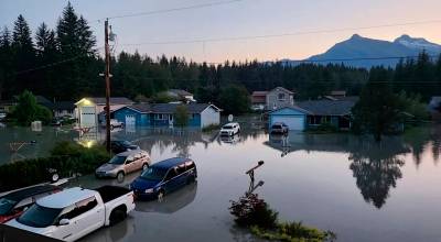 A Mendenhall Valley neighborhood is swamped by a record glacial outburst flood on Aug. 6, 2024. (Alaska Department of Transportation and Public Facilities photo)