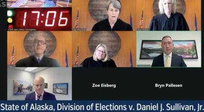 The Alaska Supreme Court considered oral arguments in a fast-tracked case appealing a lower courts ruling Dan J. Sullivan is eligible to run for U.S. Senate on June 29, 2026. (Screenshot of Gavel livestream)