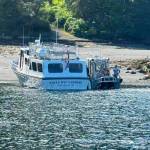 The motor vessel Eagle One Express (left) is beached alongside a good Samaritan vessel at Annette Island, Alaska, July 16, 2026. Four good Samaritan vessel crews responded to an Urgent Marine Information Broadcast to assist in the transportation of 36 passengers to Ketchikan. (U.S. Coast Guard courtesy photo)
