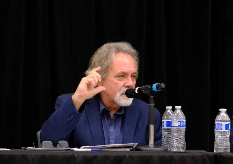 Independent Randy Hoffbeck, candidate for lieutenant governor running with Bill Waker, speaks at a debate on education on July 30, 2026. (Photo by Corinne Smith/Alaska Beacon)