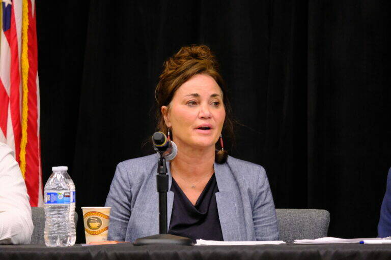 Republican Lesil McGuire speaks at a gubernatorial candidate debate on education on July 30, 2026. (Photo by Corinne Smith/Alaska Beacon)