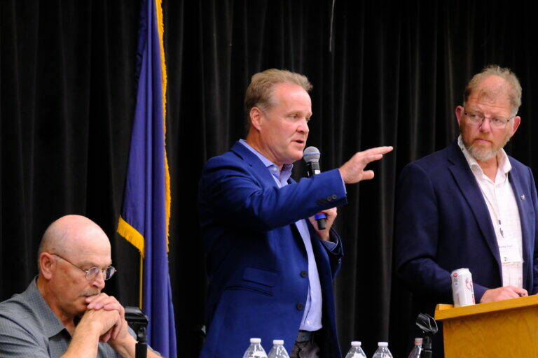Republican Matt Heilala speaks at a gubernatorial candidate debate on education on July 30, 2026. (Photo by Corinne Smith/Alaska Beacon)