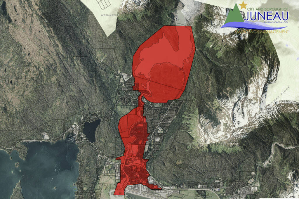 The City and Borough of Juneau are planning to issue a larger evacuation advisory for the 2026 glacial outburst flooding event. (Screenshot of CBJ evacuation advisory map)